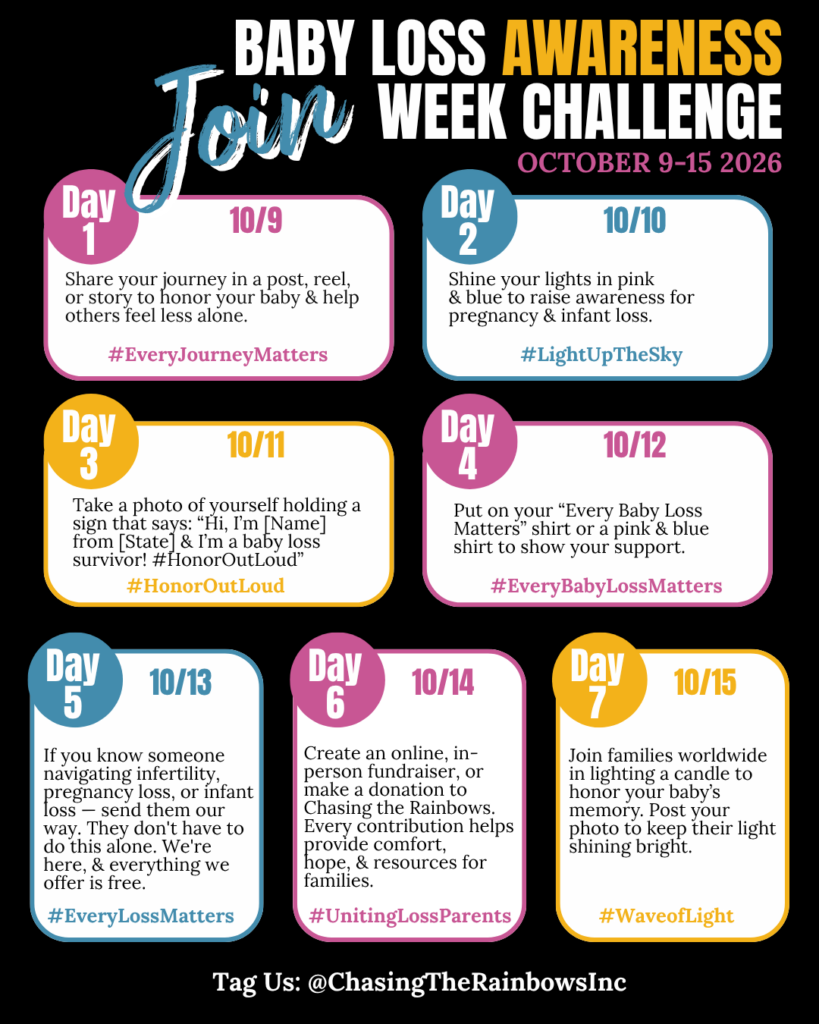 Baby Loss Awareness Week Challenge October 9–15 2026 hosted by Chasing the Rainbows — seven daily challenges for pregnancy loss miscarriage stillbirth SIDS and infant death awareness with hashtags EveryJourneyMatters LightUpTheSky HonorOutLoud EveryBabyLossMatters EveryLossMatters UnitingLossParents WaveofLight