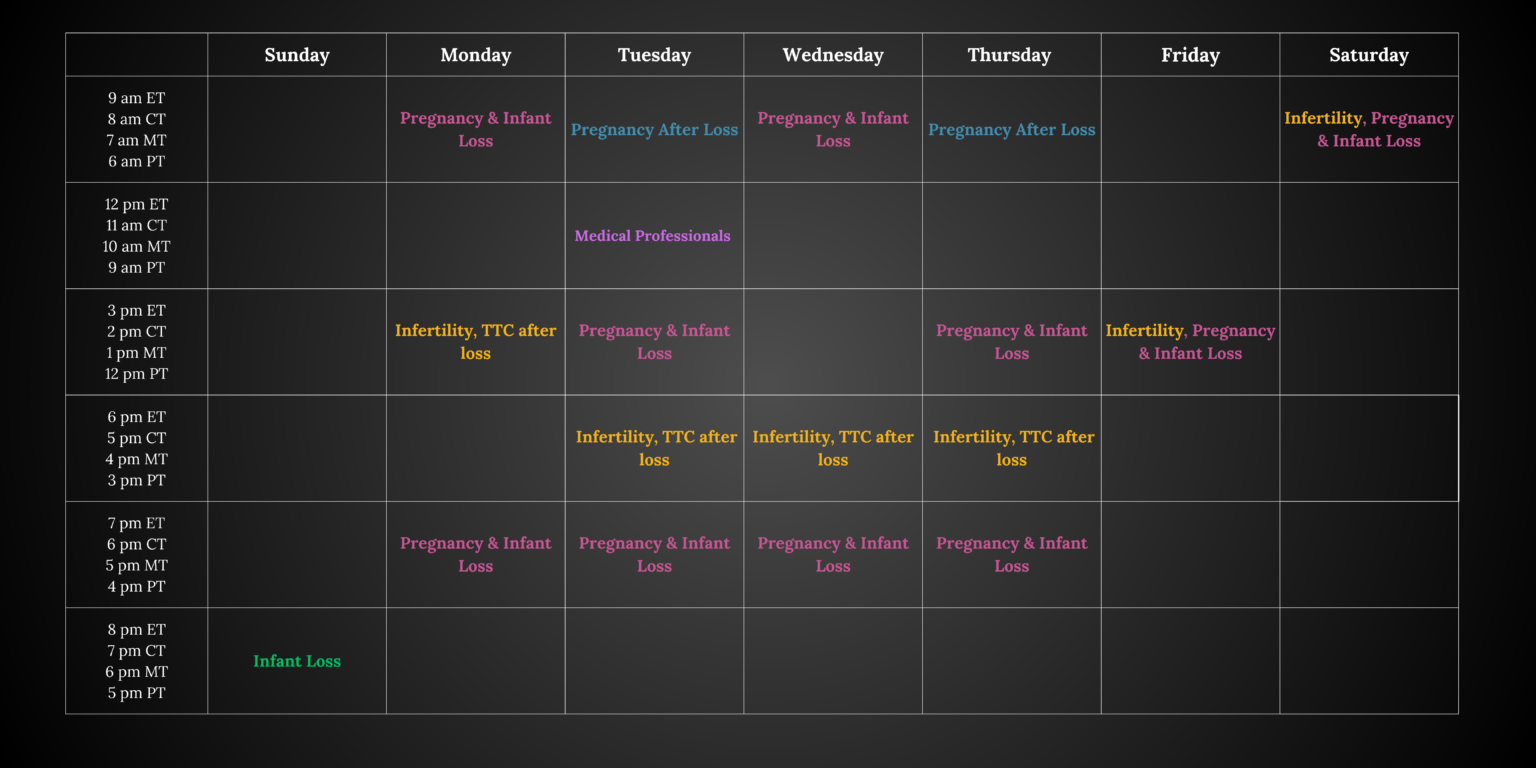 Chasing the Rainbows nonprofit free support group schedule for infertility, baby loss, miscarriage, stillbirth, pregnancy loss, infant loss, and pregnancy after loss — donate to support pregnancy and infant loss awareness.