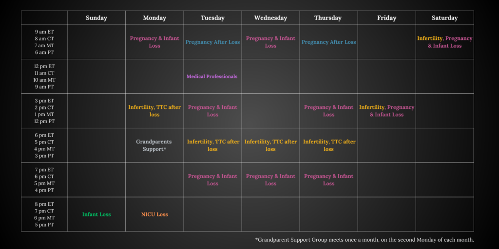 Free daily support group schedule at Chasing the Rainbows — up to 4 free online support groups per day every day of the week including weekends and major holidays — groups for pregnancy loss, miscarriage, stillbirth, infant loss, SIDS, infertility, trying to conceive TTC, baby loss, pregnancy after loss, NICU families, grandparents, and medical professionals serving perinatal loss — no cost no waitlist — ChasingTheRainbows.org — (717) 801-1518