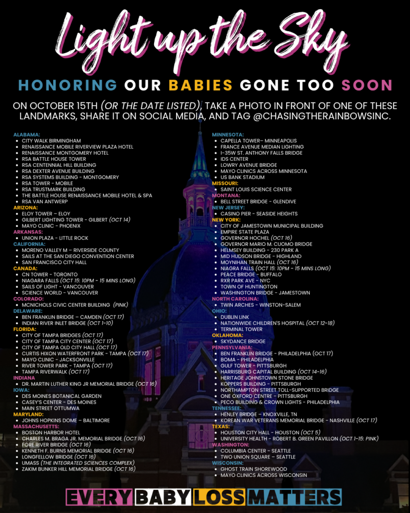 Light Up the Sky 2026 — landmarks across the United States lighting up pink and blue for National Pregnancy and Infant Loss Awareness Month — including Niagara Falls, state capitals, bridges, and monuments — honoring babies gone too soon — Chasing the Rainbows — tag @ChasingTheRainbowsInc — BabyLossAwareness.org — Every Baby Loss Matters